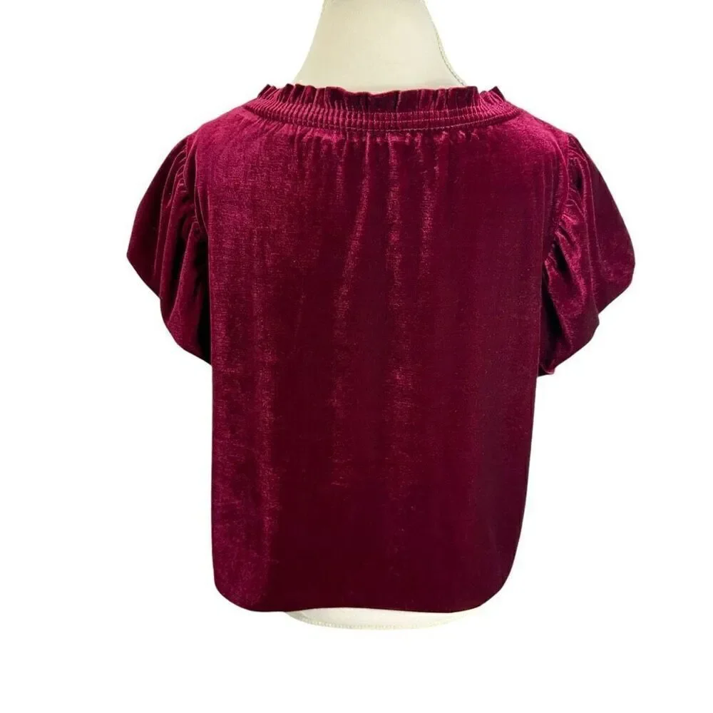 Free People Terese Garnet Red Velvet Short Puff Sleeve Top Boho Fall Size M
